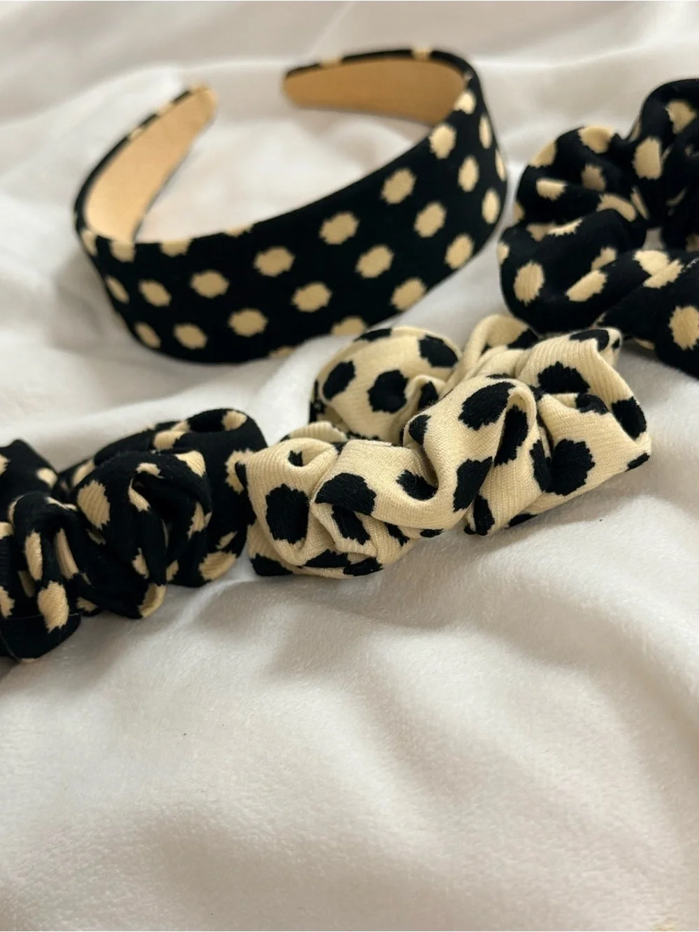 Brand New-Set of 3- Black and Cream Leopard/Dot Headband and Scrunchie Set